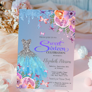Blaue Glittertropfen, blaues Kleid Blumen Sweet 16 Einladung