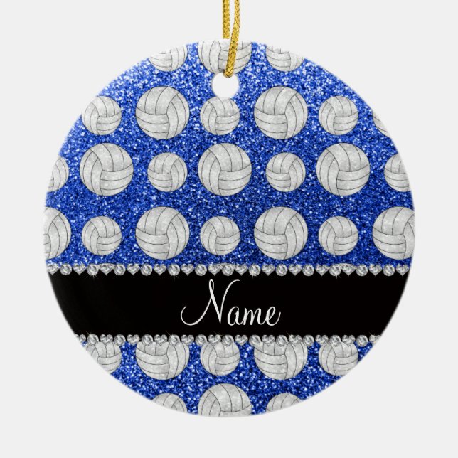 Blaue Glittervolleyball des individuellen Namens Keramik Ornament (Vorne)