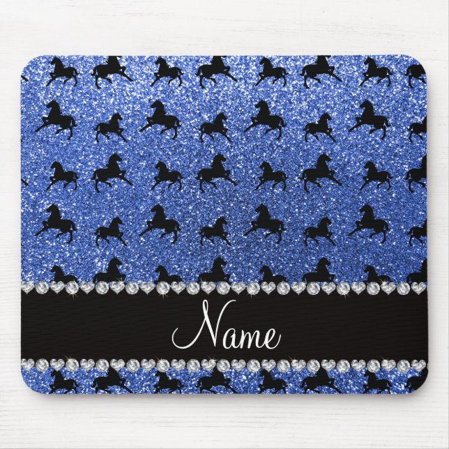 Blaue Glitzer-Pferde mit Personalisiertem Namen Mousepad (Vorne)