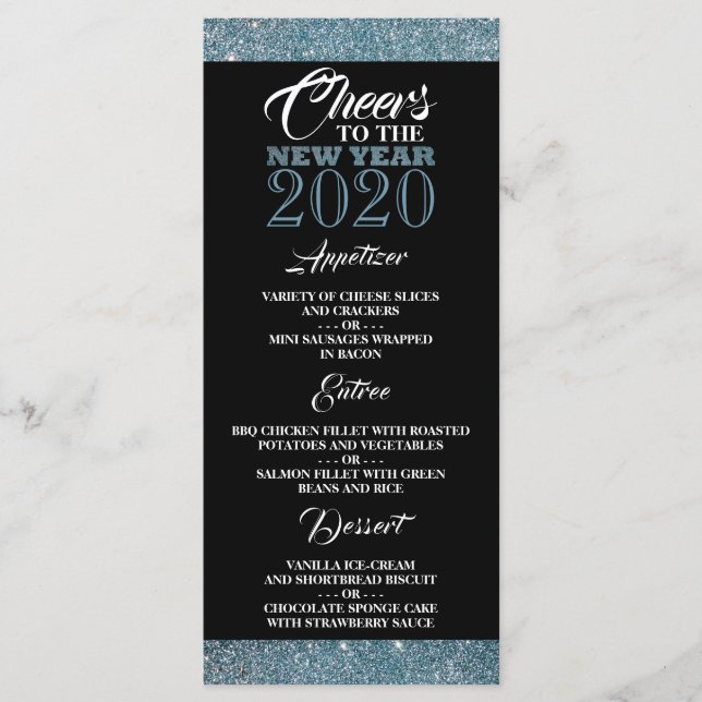 Blaue Glitzer Streifen, neues Jahr Menükarte (Vorderseite)