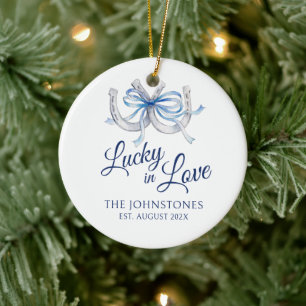 Blaue Glück-in-der-Liebe-Hufeisen-Hochzeitsfoto Keramik Ornament