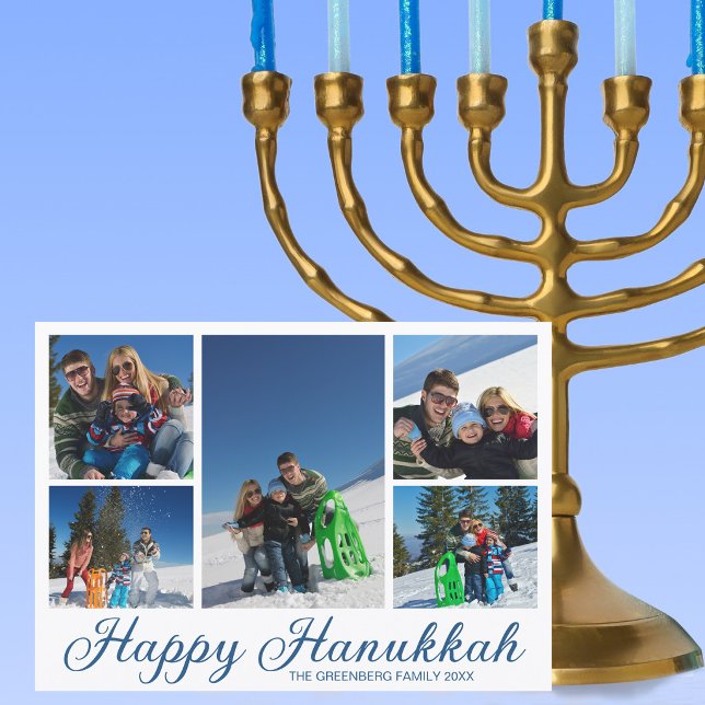 Blaue glückliche Chanukka-Familienfoto-Collage Feiertagskarte (Von Creator hochgeladen)