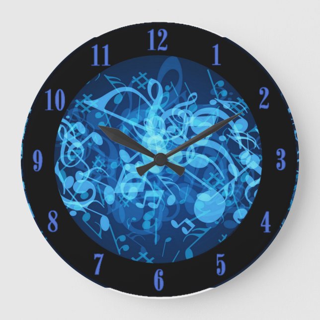 Blaue Glühen-Musiknoten-Muster-Wand-Uhr Große Wanduhr (Vorderseite)