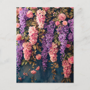 Blaue Glyzinien und rosa Rosen in Blüte Postkarte