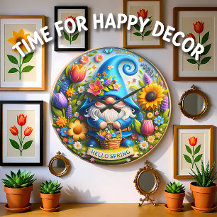 Blaue Gnome Hallo Frühling Große Wanduhr