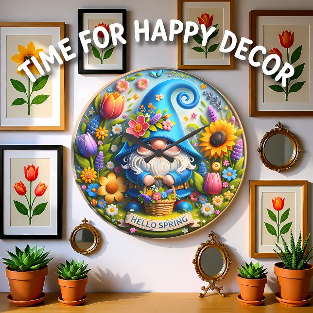 Blaue Gnome Hallo Frühling Große Wanduhr (Von Creator hochgeladen)