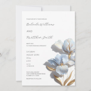 Blaue Gold 3D Blumen Weiß Einladung