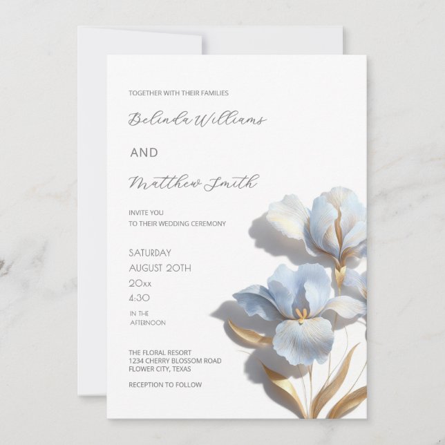 Blaue Gold 3D Blumen Weiß Einladung (Vorderseite)