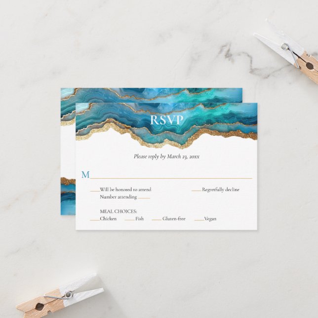 Blaue Gold-Achat-Bar- oder Bat-Mizwa-Antwort RSVP Einladung (Vorderseite/Rückseite Beispiel)