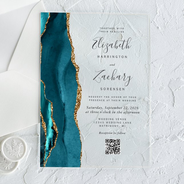 Blaue Gold-Achat-QR-Code-Hochzeit Acryleinladungen (Von Creator hochgeladen)