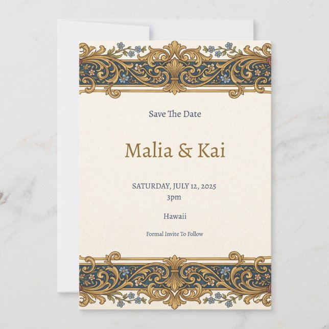Blaue Gold Barock Save the Date Karte (Vorderseite)