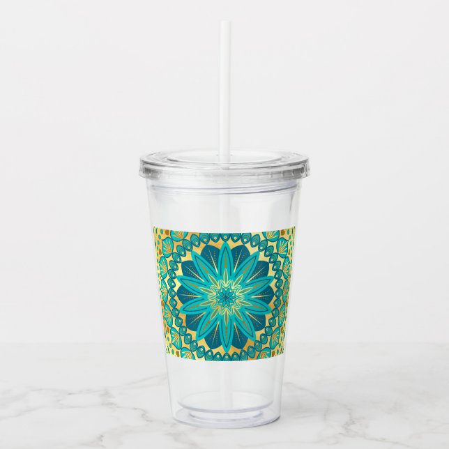 Blaue Gold-Blumen-Mandala Acryltrinkbecher (Vorderseite)