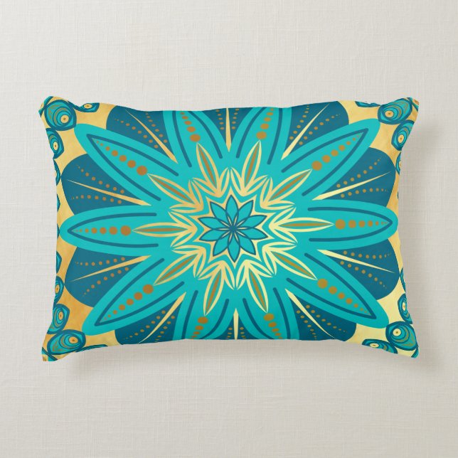 Blaue Gold-Blumen-Mandala Dekokissen (Vorderseite)