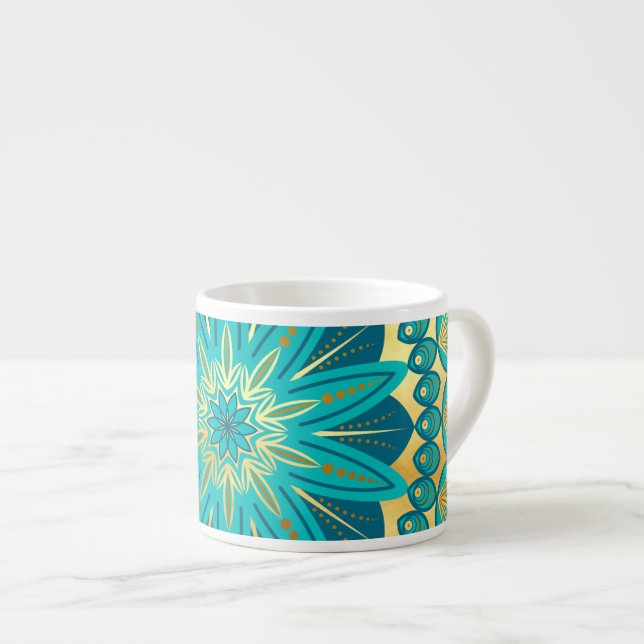 Blaue Gold-Blumen-Mandala Espressotasse (Vorderseite Rechts)