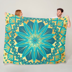 Blaue Gold-Blumen-Mandala Fleecedecke