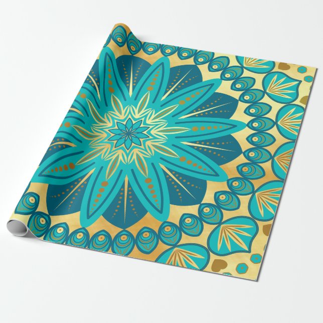 Blaue Gold-Blumen-Mandala Geschenkpapier (Ungerollt)