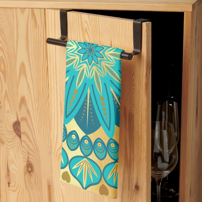 Blaue Gold-Blumen-Mandala Geschirrtuch (Drittel gefaltet)