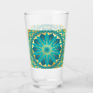 Blaue Gold-Blumen-Mandala Glas