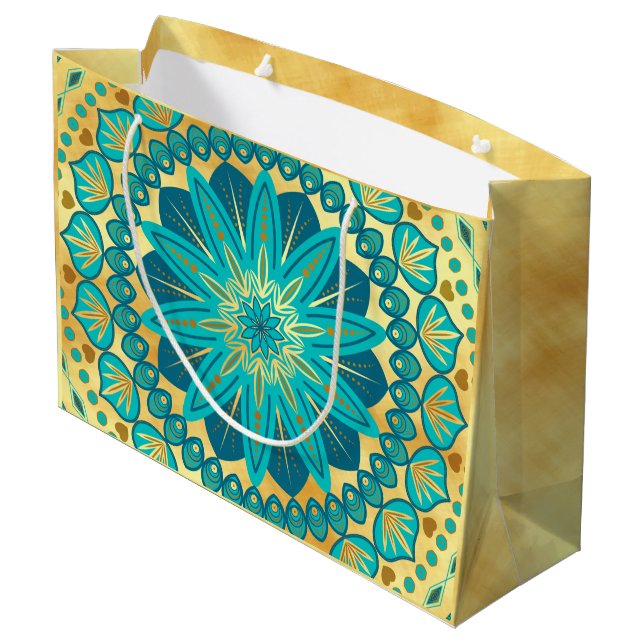 Blaue Gold-Blumen-Mandala Große Geschenktüte (Rückseite Schrägansicht)