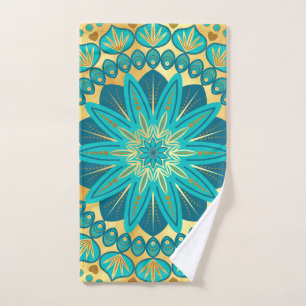 Blaue Gold-Blumen-Mandala Handtuch