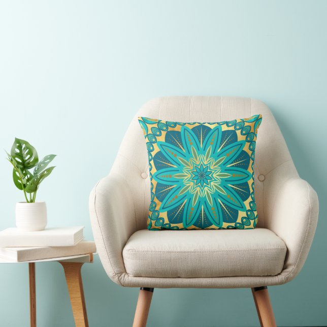 Blaue Gold-Blumen-Mandala Kissen (Stuhl )