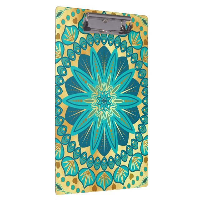 Blaue Gold-Blumen-Mandala Klemmbrett (Rechts)
