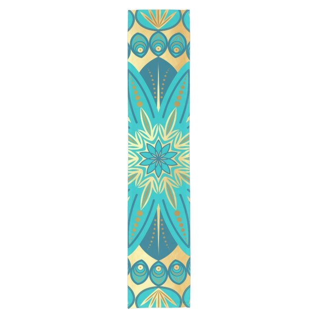 Blaue Gold-Blumen-Mandala Kurzer Tischläufer (Vorderseite)