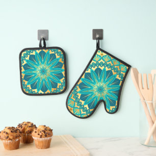Blaue Gold-Blumen-Mandala Ofenhandschuh & Topflappen-Set