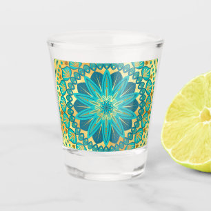 Blaue Gold-Blumen-Mandala Schnapsglas