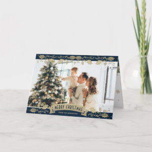 Blaue Gold Botanische Foto-Weihnachtskarte Karte