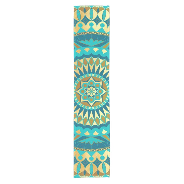 Blaue Gold-Fantasy-Mandala Kurzer Tischläufer (Vorderseite)