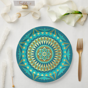 Blaue Gold-Fantasy-Mandala Pappteller