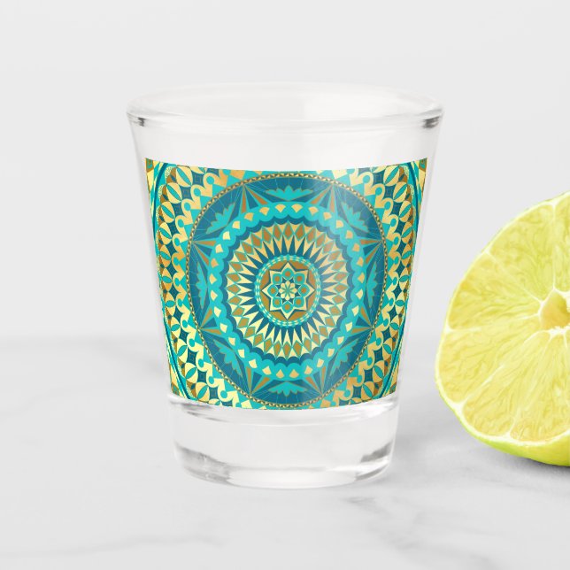 Blaue Gold-Fantasy-Mandala Schnapsglas (Vorderseite)