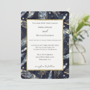 Blaue Gold Federn Sterne Hochzeit Einladung