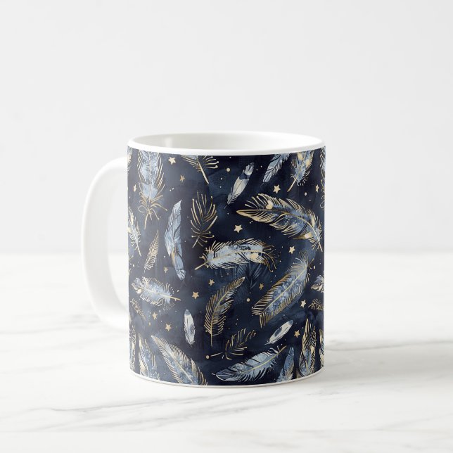 Blaue Gold Federn Sterne Kaffeetasse (Vorderseite Links)