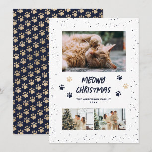 Blaue Gold Foto Schnee Pfoten Meowy Weihnachtskart Feiertagskarte
