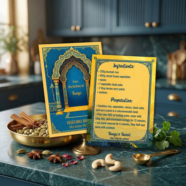 Blaue Gold Gemüse-Biryani Indische Rezeptkarte (Recipe postcard in traditional Indian style featuring an arch in ornate blue and gold)