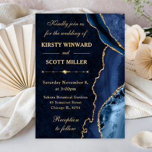 Blaue & Gold Glitter Achat- und Marmor-Hochzeit Einladung