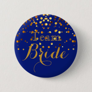 Blaue Gold Glitter Faux-Folie Hochzeitsteam Braut Button