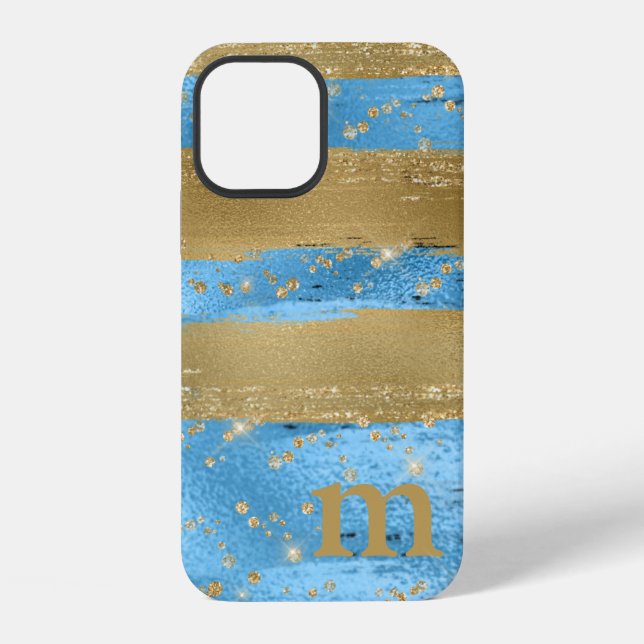 Blaue Gold Glitter Monogram Initiale iPhone Hülle (Rückseite)