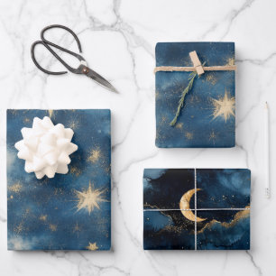 Blaue Gold Glitzernde Sterne Himmel Mond Geburtsta Geschenkpapier Set