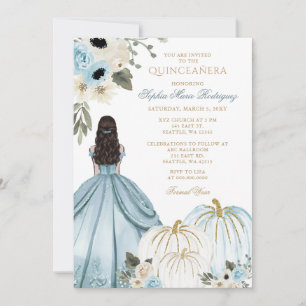 Blaue Gold-Kürbis-Prinzessin Floral Quinceañera Einladung