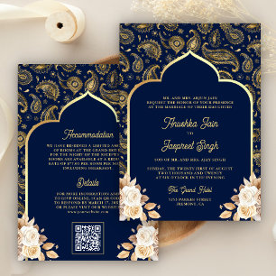 Blaue Gold Paisley Blumen QR Code Indische Hochzei Einladung