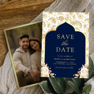 Blaue Gold Paisley Blumenmuster Indische Hochzeits Save The Date