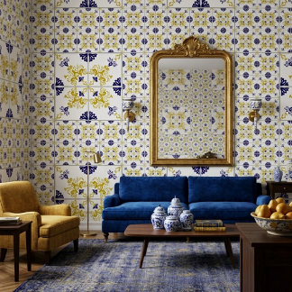 Blaue Gold Portugiesische Fliese Mittelmeer Wandde Tapete