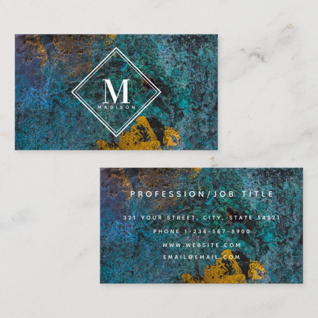 Blaue Gold-Rost-Metallstruktur Monogramm Initiale Visitenkarte (Vorne/Hinten)