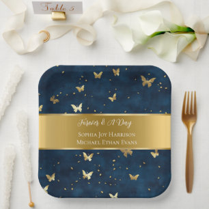 Blaue Gold Schmetterlinge Hochzeit Pappteller