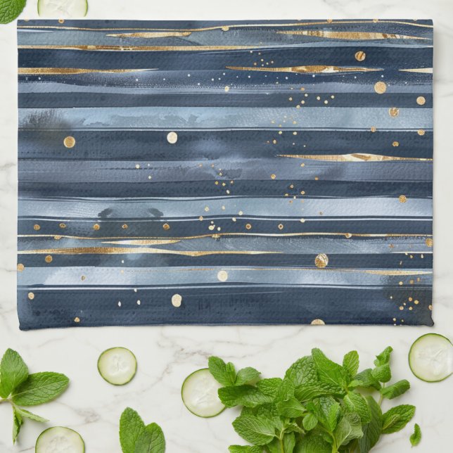 Blaue Gold Streifen Punkte Geschirrtuch (Gefaltet)