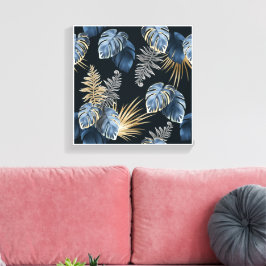 Blaue Gold-Tropen-Palmblatt-Muster-Kunst Leinwanddruck