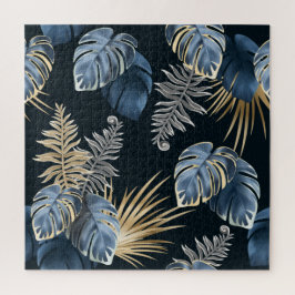 Blaue Gold-Tropen-Palmblatt-Muster-Kunst Puzzle
